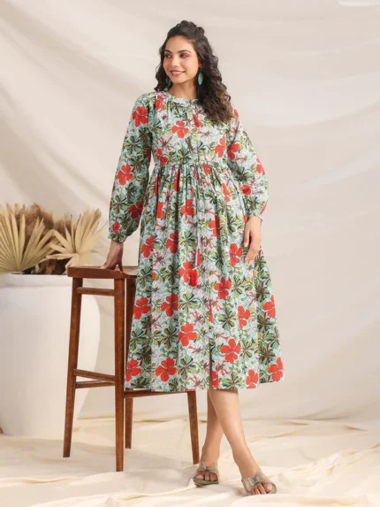 Daisy Blue Cotton Floral Gathered Dress
