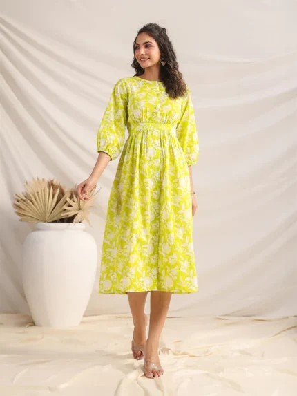 Daisy Lime Cotton Floral Gathered Dress