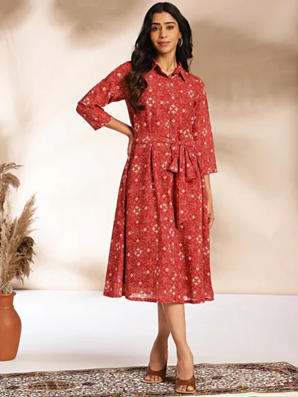 Rosy  Maroon Georgette Printed Shirt Style Dress