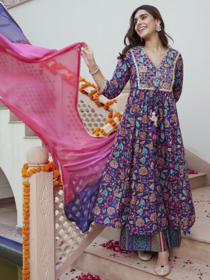 Aarohi Purple Cotton Embellished Ethnic Printed Kurta with Flared Palazzo and Dupatta