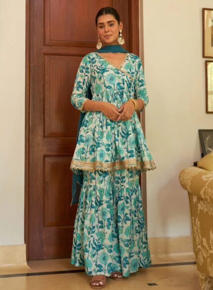 Dhriti White Cotton Floral Printed Short Kurta with Sharara and Dupatta