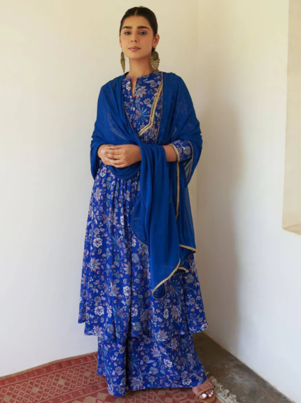 Kavya Dark Blue Georgette Digital Floral Printed with Palazzo Kurta and Dupatta