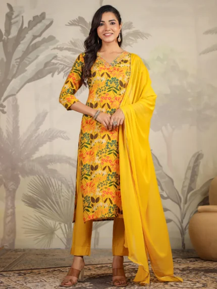 Ruhiya Mustard Chanderi Floral Printed Straight Kurta Set