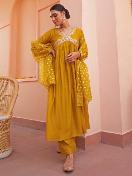 Riwaj Mustard Chanderi Embellished Kurta with Palazzo & Dupatta