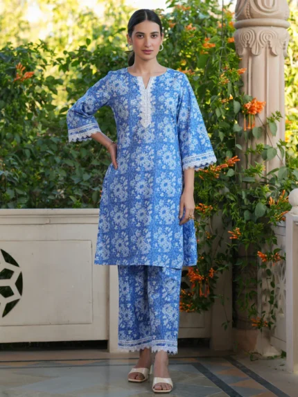 Kiara Blue Pure Cotton Floral Printed Straight Co-ord Set