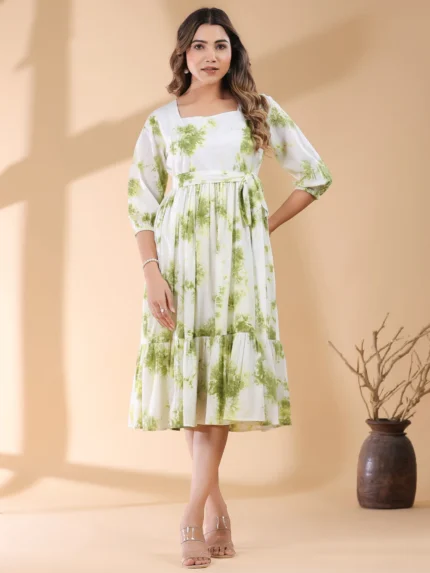 Sophia White & Green Pure Cotton Tie & Dye Tiered Dress