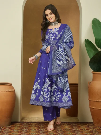Avika Purple Cotton Blend Floral Printed Anarkali Kurta Set