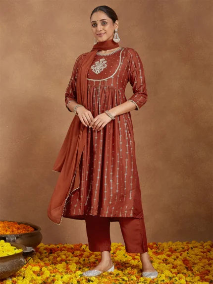 Jashn Rust Silk Blend Yoke Embroidered Gold Printed A-line Kurta Set With Dupatta