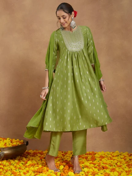 Jashn Lime Green Silk Blend Zari Yoke Embroidered Gold Printed A-line Kurta Set