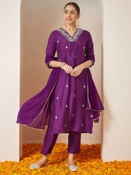 Aarohi Purple Silk Blend Embroidered A-line Kurta Set