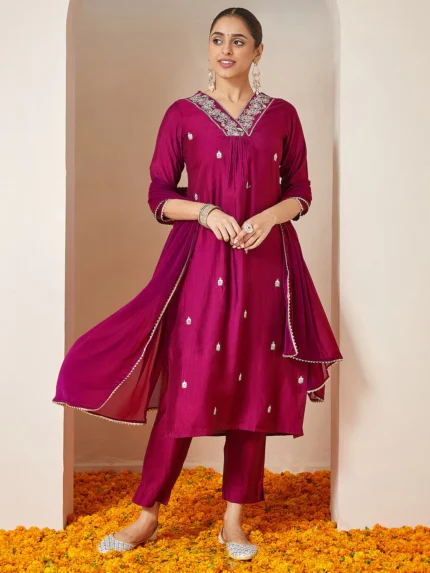 Aarohi Pink Silk Blend Embroidered A-line Kurta Set