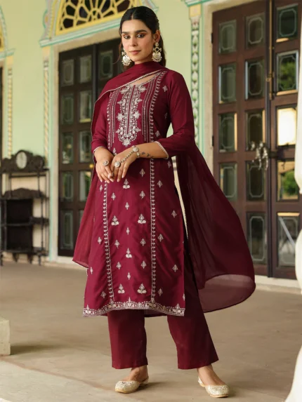 Meghna Maroon Silk Blend Zari Embroidered Straight Kurta Set With Dupatta