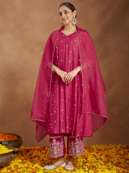 Veda Pink Chanderi Silk Embellished Zari Embroidered A-line Kurta Set