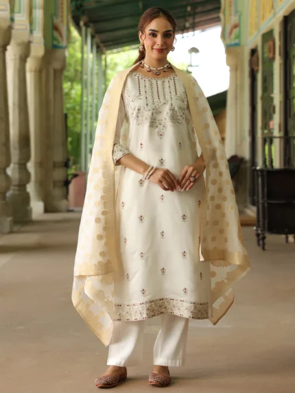 Yuvika Off White Chanderi Silk Embroidered Straight Kurta Set