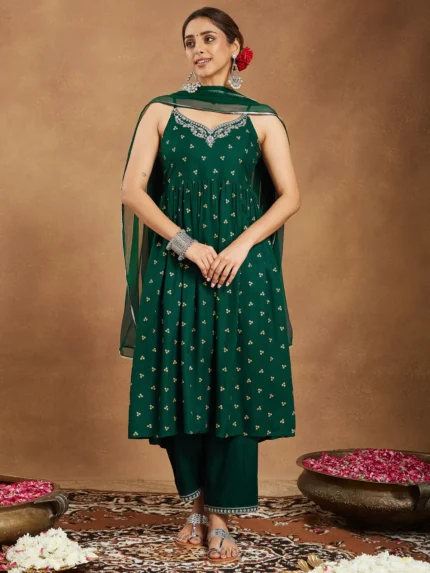 Ruhani Dark Green Rayon Yoke Embroidered Gold Printed A-line Kurta Set
