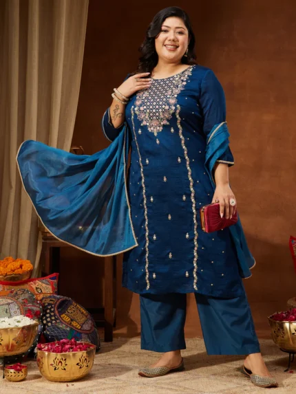 Charvi Plus Size Teal Blue Silk Blend Zari Embroidered Straight Kurta Set