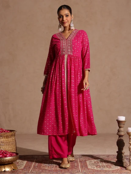 Navya Pink Georgette Foil Printed Embellished A-line Kurta With Palazzo Set