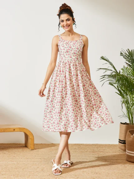 Sandy Off White Pure Cotton Floral Printed A-line Dress