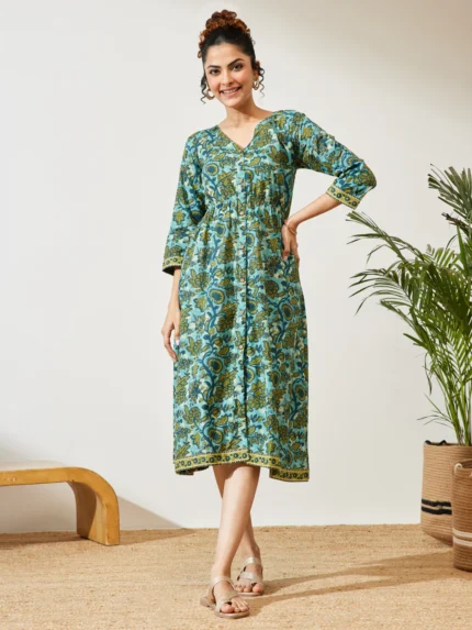 Sandy Teal Blue Pure Cotton Floral Printed A-line Dress