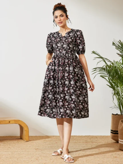 Aura Black Pure Cotton Floral Printed Gathered Dress