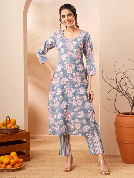 Avni Grey Pure Cotton Floral Printed Straight Kurta With Pant Set