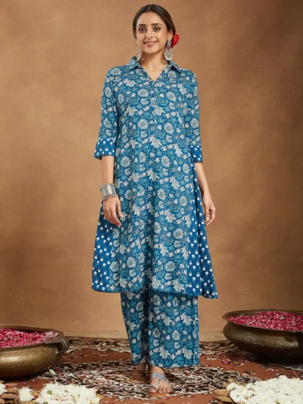 Avni Blue Pure Cotton Floral Printed A-line Co-ord Set